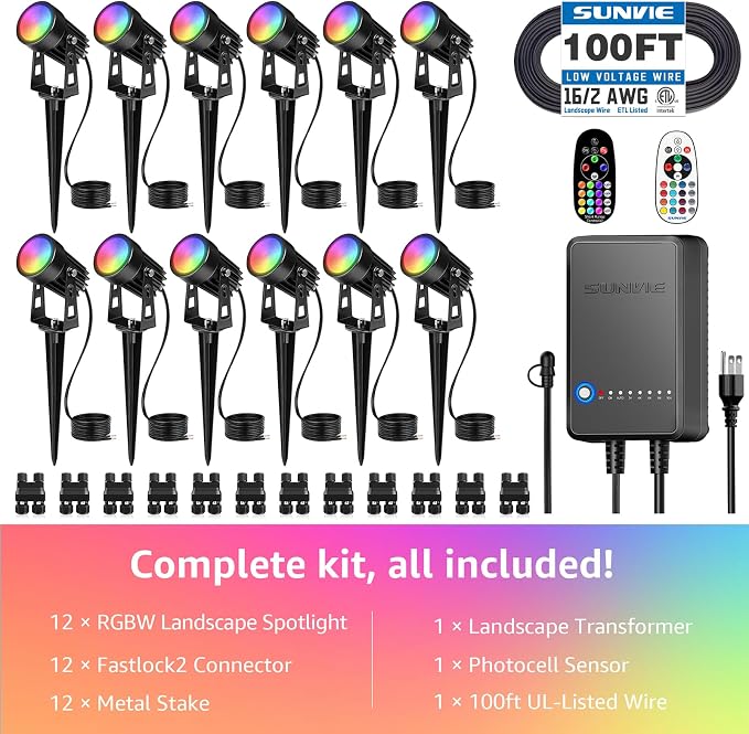 SUNVIE 3W RGBW LED Low Voltage Landscape Lighting Kit, Dusk to Dawn, 12 PCS | Color Changing Landscape Lights, IP65 Waterproof, Aluminum, All-in-One Landscape Lighting Kit, for Yard Garden Tree House