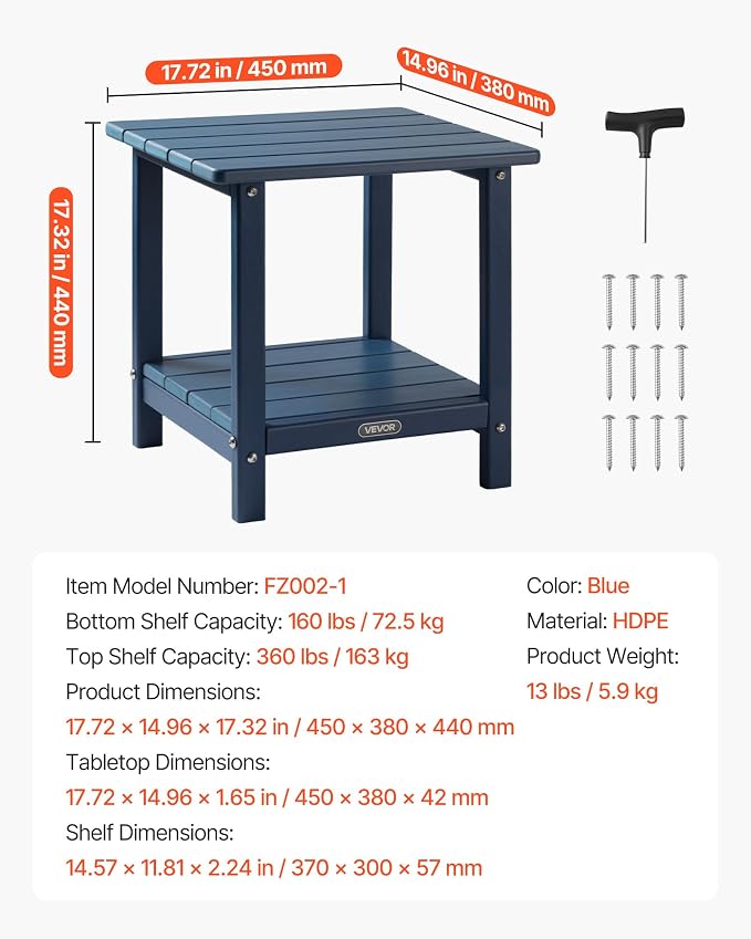 VEVOR Outdoor Side Table, 17.72W x 14.96D x 17.32H Inch, Double Layer HDPE Outside End Table for Easy Maintenance, Withstand Harsh Weather, Fit for Patio, Pool, Beach, Porch, Indoor, Backyard, Blue