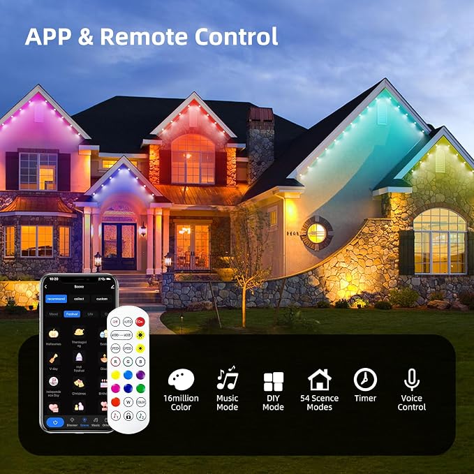 Permanent Outdoor Lights, 50ft Smart RGB Outdoor Light, 36 LED Eaves Lights with 54 Scene Mode, IP67 Waterproof for Halloween, Christmas, New Year, Holidays, Daily Lighting, APP Voice Remote Control
