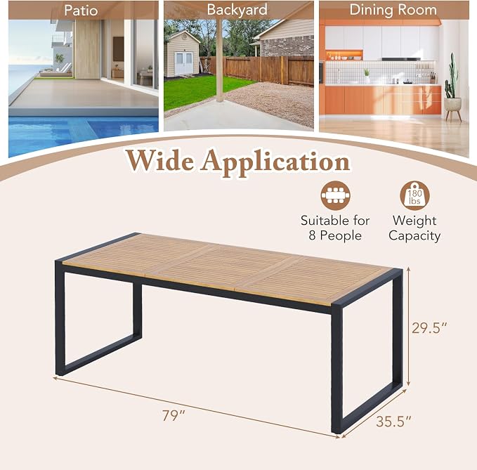 HAPPYGRILL 8-Person Outdoor Acacia Wood Dining Table, 79" x 35.5" Rectangular Patio Dining Table with 2" Umbrella Hole and Sturdy Metal Frame, Outdoor Patio Table for Garden, Deck and Backyard