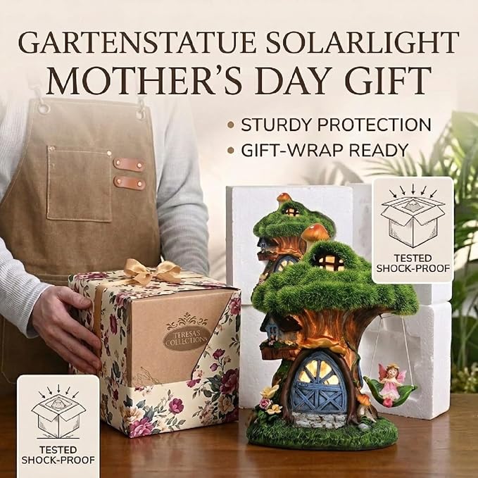 TERESA'S COLLECTIONS Fairy House Outdoor Statues with Solar Light for Garden Decor, Green Moss Resin Outdoor Cottage with Swinging Fairy, Lawn Ornaments Yard Decor Gifts for Mom Women, 5.1"