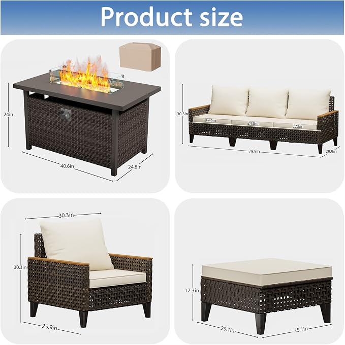 15 Piece Patio Furniture Set with 50000 BTU Propane Fire Pit Table, All-Weather Wicker Rattan Outdoor Sectional Sofa Set with High Back and Thick Cushions for Garden, Porch, Poolside, Beige