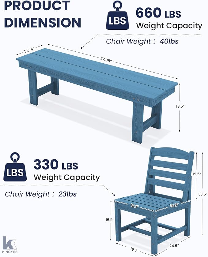 KINGYES Patio Armless Dinning Chairs Set of 2, HDPE All-Weather Outdoor Patio Chairs for Garden Backyard, Blue