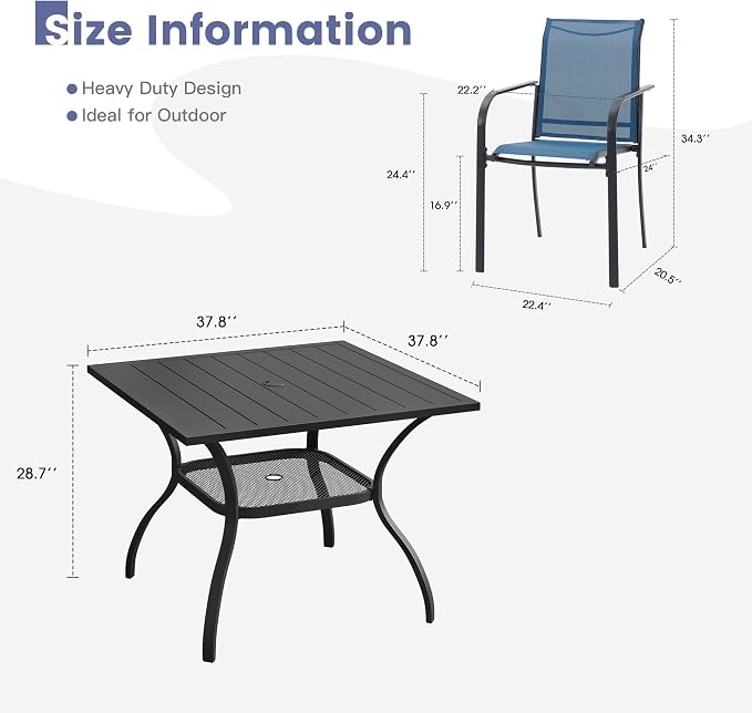VICLLAX 5 Pieces Patio Dining Set, Patio Furniture Set of 4 Patio Stackable Dining Chairs and Outdoor Metal Square Table with Storage Shelf, Blue Chairs and Black Table