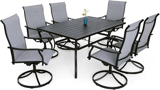 Anmutig 7-Piece Outdoor Dining Set, 6 Swivel Patio Chairs & 60'' Rectangular Dining Table with All Weather Frame Furniture Set - Grey Style1