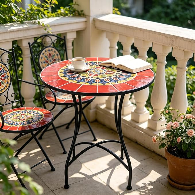 24 Inch Mosaic Patio Round Side Table with X-Curved Legs Indoor and Outdoor Accent End Table for Yard, Garden, Living Room, Bistro, B - Red Mandala
