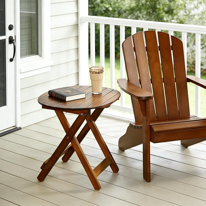 Outdoor Small Table, Round Folding Wooden Patio Side Table Furniture End Table for Adirondack Chair, Balcony, Porch, No Assembly Required, Brown