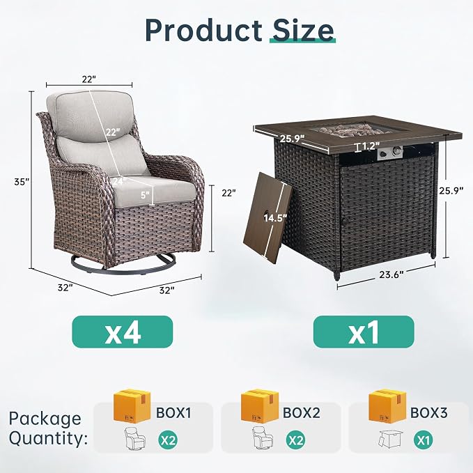 Outdoor Swivel Rocker Patio Chairs Set of 4 with Fire Table - 5" Thick Cushion 5 Piece Furniture Set with Fire Pit Table All Weather Wicker Conversation Set for Porch Deck - Brown/Beige