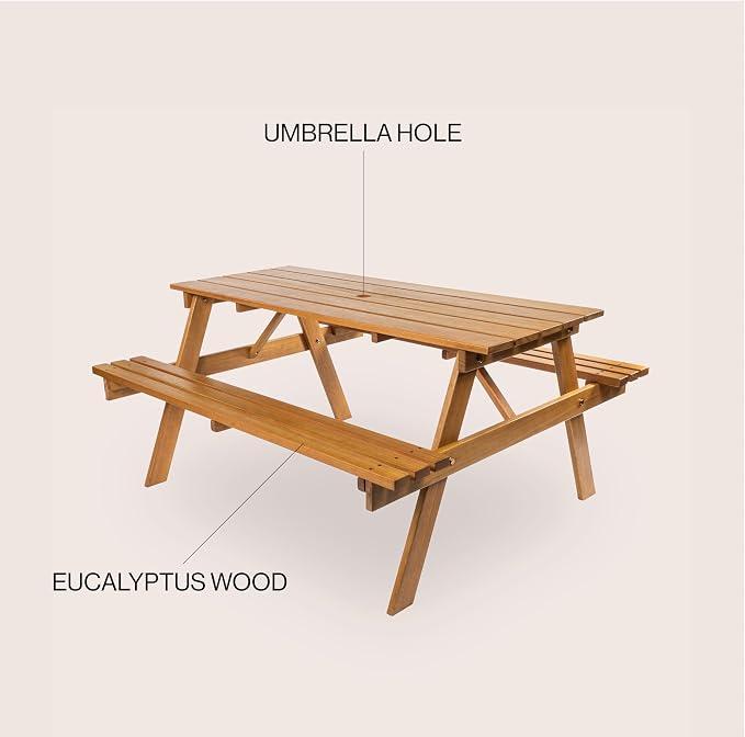 JONATHAN Y Shoreham 59" Eucalyptus Wood Outdoor Picnic Table with Benches for Patio, Rectangular Dining Set with 2" Umbrella Hole, Heavy Duty 700 lbs Capacity, Teak Brown BNH200A