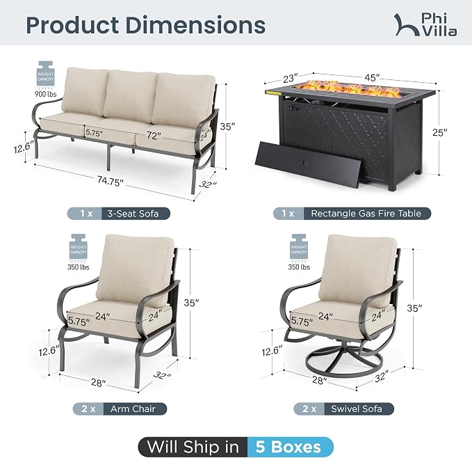 PHI VILLA Patio Conversation Set with Fire Pit, 7 Seat with 45" Firepit Table, Swivel & Fixed, Beige