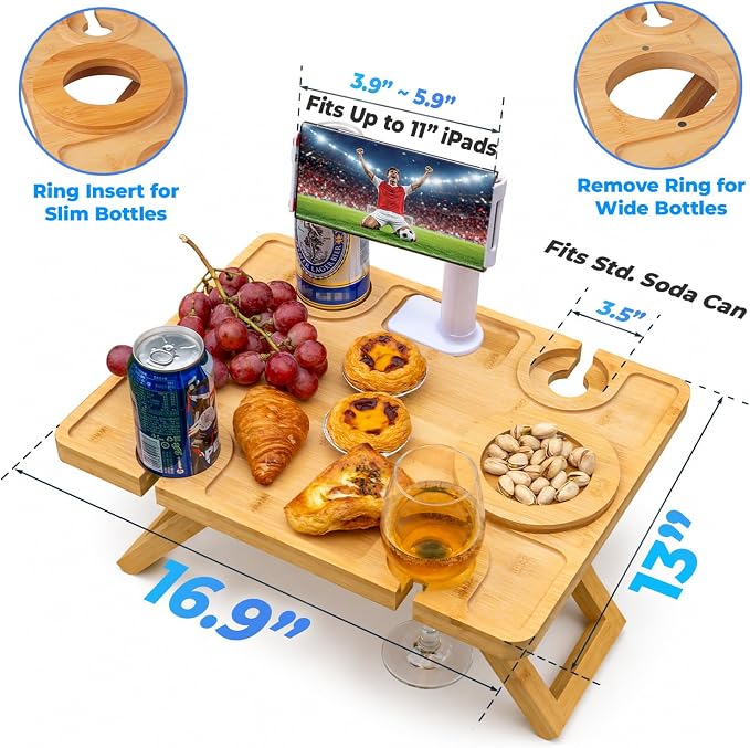 Vespara Portable Wine Picnic Table with Glass Holders, Folding Picnic Table with Adjust Phone Holder & Tote Bag, Wine Glass Snack Tray for Indoor & Outdoor Use, Beach, Park, Camping, Winter Adventure
