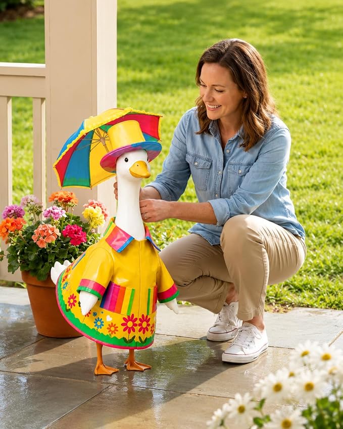 Porch Goose Raincoat Outfits, Summer Spring Lawn Yard Goose Statue Clothes Costume for 23" Lawn Outdoor Garden Yard Patio Geese Statue Decoration with Raincoat Umbrella Hat (Yellow raincoat)