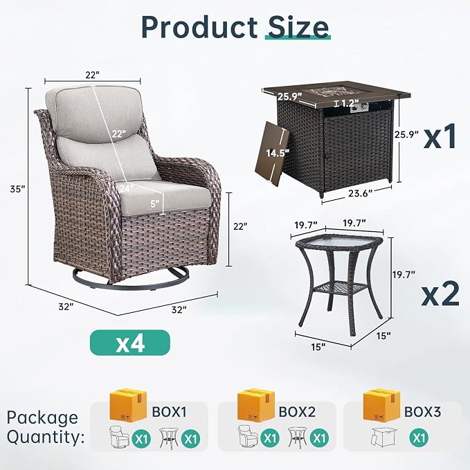 Outdoor Swivel Rocker Patio Chairs Set of 4 with Fire Table - 5" Thick Cushion 6 Piece Furniture Set with Fire Pit Table All Weather Wicker Conversation Set for Porch Deck - Brown/Beige