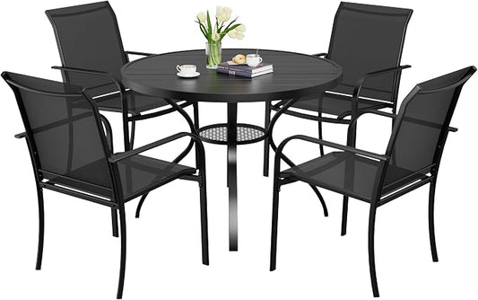 5-Piece Patio Dining Set,4 Person Outdoor Table and Chairs Set, 4 Metal Dining Chairs and Round Outdoor Table with 1.57" Umbrella Hole,Black