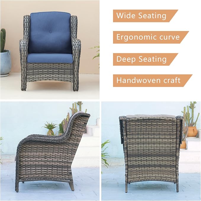 Outdoor Patio Wicker Furniture Set - 6 Piece Rattan Patio Conversation Sectional Sofa Set with 1 Couch,2 Armchairs,2 Ottomans and 1 Glass Top Coffee Table for Porch Deck Garden(Mixed Grey/Blue)