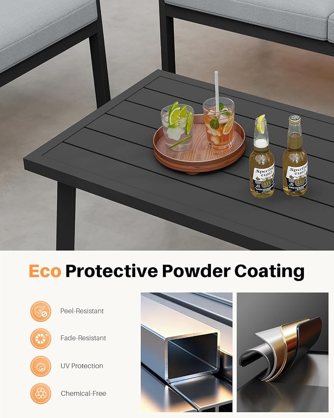 Patio Coffee Table, Never-Rust Aluminum Outdoor Coffee Table with Wood Grain Texture, Modern Rectangle Garden Coffee Table with Slatted Tabletop for Poolside, Decks, Indoor, Backyard, Black