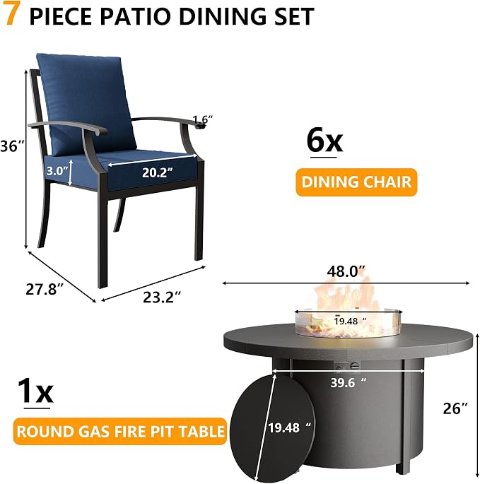 7 Piece Metal Outdoor Patio Furniture Set with 48" Round Propane Fire Pit, Outdoor Dining Table Set with 6 Fixed Chairs and 55000 BTU Outdoor Fire Pit, Navy