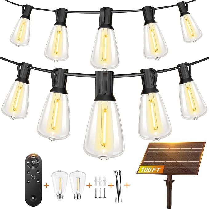 BLIATLUS 100FT Solar String Lights, Waterproof Outdoor with Remote 30+2 ST38 LED for Porch Fence