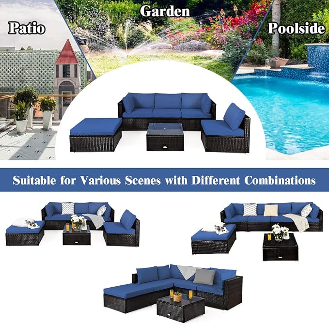 COSTWAY 6-Piece Outdoor Patio Furniture Set, Rattan Sectional Sofa Set with Tempered Glass Coffee Table, Cushions and Ottoman for Garden, Deck, Backyard (Navy)