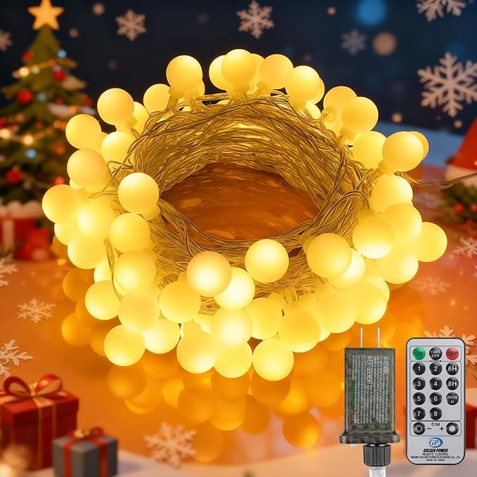33FT 100LED Christmas Lights Indoor, Globe String Lights for Bedroom 8 Modes with Remote, Outdoor Hanging Fairy Lights for Room Wedding Garden Christmas Tree Party Decor, Warm White