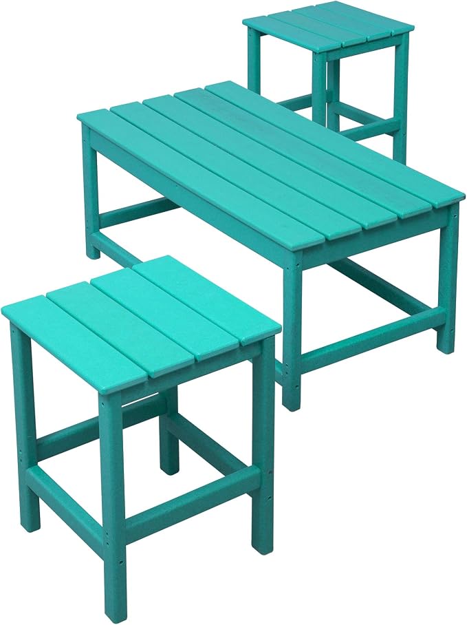 WO Home Furniture HDPE 2pcs Side and 1pc Coffee Table for Adirondack Chair, Weather and UV Resistant for Outdoor, Patio, Backyard, Porch, Garden, Turquoise