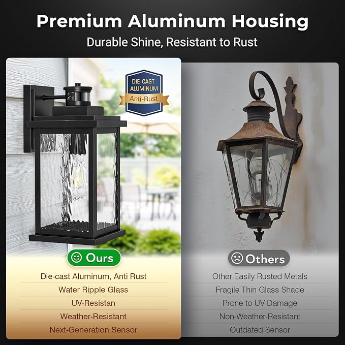 VIANIS Large Advanced Motion Sensor Outdoor Lights, Black Easy-to-Install Dusk to Dawn Outdoor Wall Lights, Aluminum Waterproof Porch Light with Water Glass for Porch, Garden, Front Door