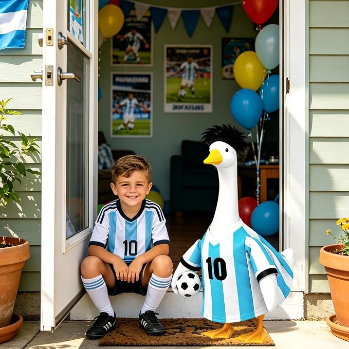 2026 World Soccer Goose Outfit for 23 Inch Porch Statue – Handmade Goose Jersey Costume with Soccer Ball for American Fans, Soccer Party, Sport Season Decor – Outdoor Patio Yard Lawn Art