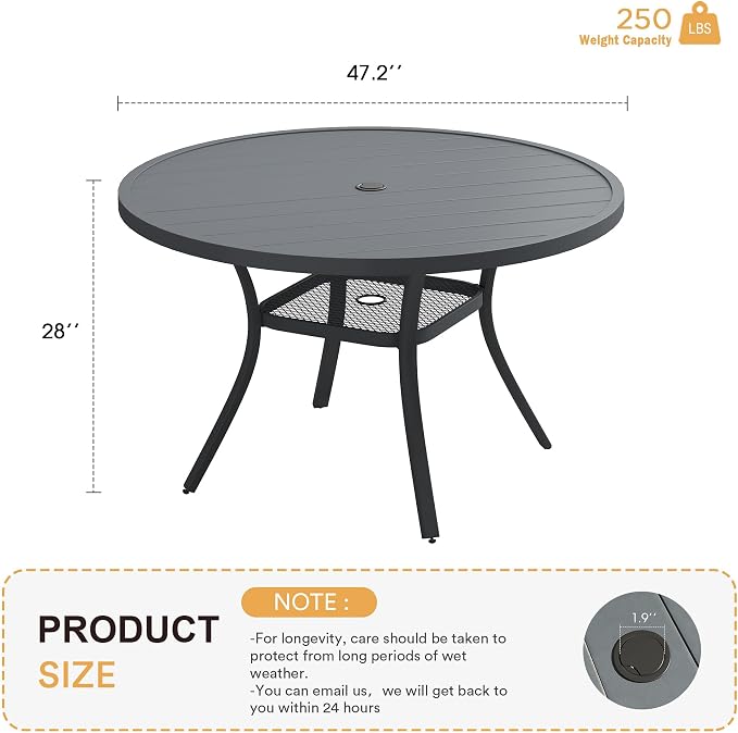VICLLAX 47.2" Outdoor Round Patio Table for Lawn Garden, All Weather Metal Round Outdoor Dining Table with Adjustable Umbrella Hole, 6 Person Patio Table, Grey