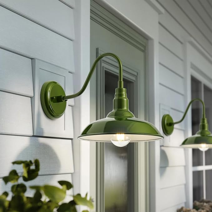 14in Outdoor Gooseneck Lights for Farmhouse, Barn Style Goose Neck Wall Light Fxiture with Wall Mount, Olive Green Exterior Porch Sconce for Patio, Garage, House