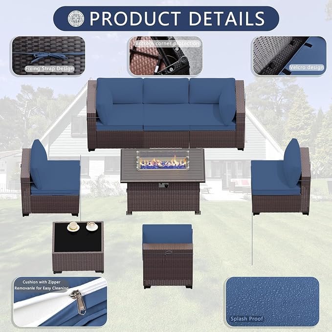 Outdoor Patio Furniture Set, 10 Pieces Outdoor Sectional Furniture with Fire Pit Table, All-Weather PE Rattan Patio Conversation Set with Two Ottomans, Coffee Table for Garden, Deck (Navy Blue)