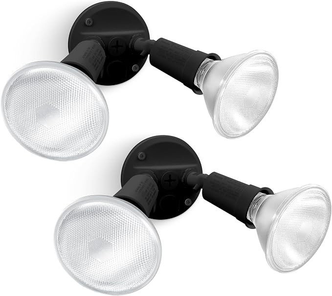 LUTEC 2 Pack Adjustable Twin Par Holder Outdoor Flood Lights, Switch Controlled Security Lights, Floodlights Fixture, Waterproof Exterior Max 300 Watt Par38 Flood Light for Garage, Yard, Porch-Black