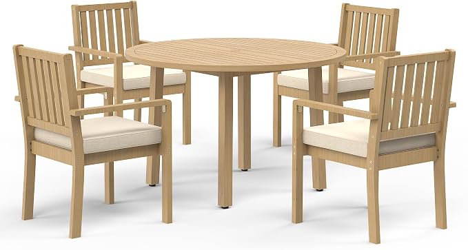 Wisteria Lane 5-Pieces Acacia Patio Table and Chairs Set for 4, Outdoor Dining Set with Table, Modern Patio Table Set with Cushion, Patio Furniture Set for Backyard Deck Garden Porch, Brown