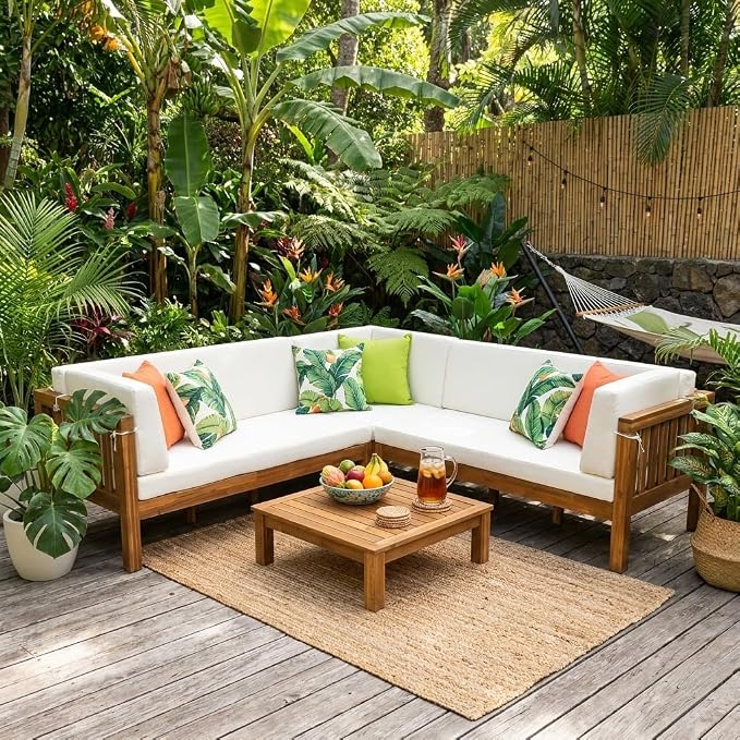 Acacia Wood Outdoor Sectional Sofa Set, 4-Piece L-Shaped Patio Furniture with Cushions, Double-Length Benches, Corner Seat & Coffee Table, Weather-Resistant Indoor/Outdoor - Farmhouse Scandinavian