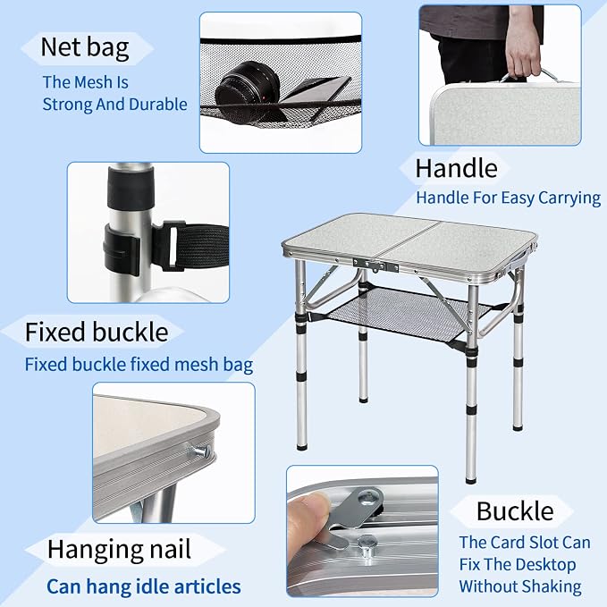 Small Folding Table with Storage Net, 24" x 16" Portable Foldable Camping Table with 3 Adjustable Height, White Metal Table for Beach, Patio, BBQ