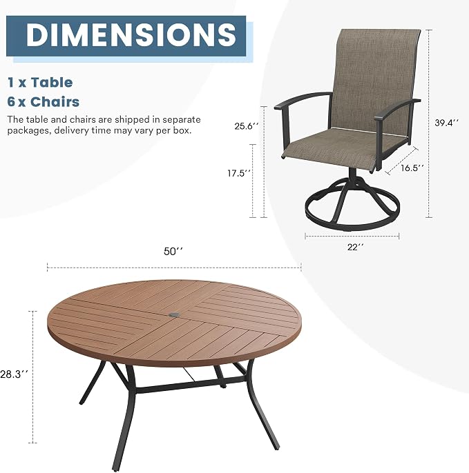 DIFY 7 Pieces Outdoor Dining Set, Metal Patio Table and Chairs Set for 6 with Umbrella Hole, 50" Walnut Round Table and Brown Textilene Swivel Patio Chairs for Garden, Backyard, Poolside