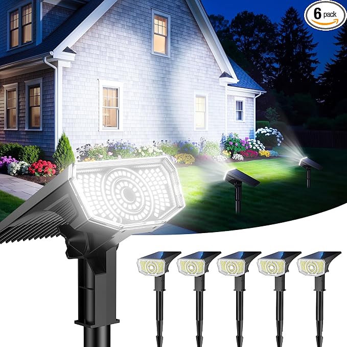 Solar Spot Lights Outdoor Waterproof IP65, 100 LED Solar Lights Outdoor | Super Bright Solar Spotlights 6500K&2 Lighting Modes , 2-in-1 Ground Spike & Wall Mount Solar Landscape Spotlights for Yard