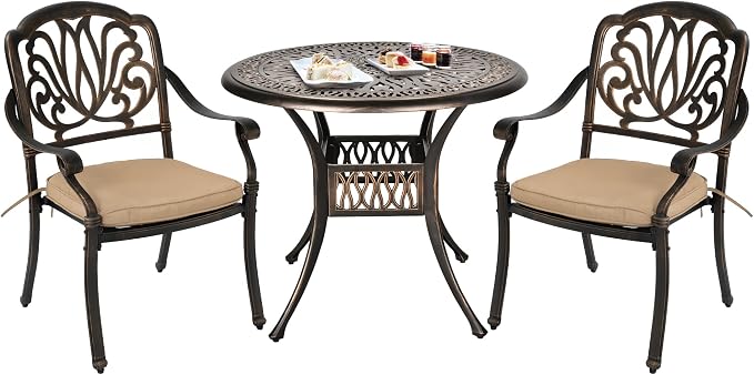 Grepatio 3 Piece Bistro Set Outdoor Cast Aluminum Patio Dining Set Table and Chairs Outside Bistro Furniture 2 Chairs and 1 Umbrella Table for Lawn Garden (Khaki)