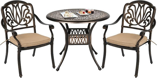 Grepatio 3 Piece Bistro Set Outdoor Cast Aluminum Patio Dining Set Table and Chairs Outside Bistro Furniture 2 Chairs and 1 Umbrella Table for Lawn Garden (Khaki)