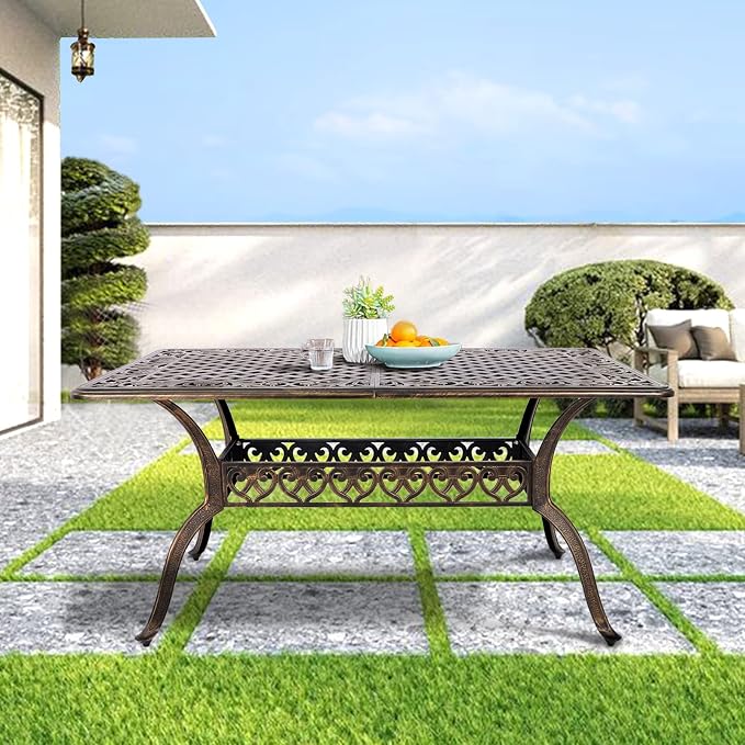 Grepatio Cast Aluminum Patio Dining Table Outdoor Large Rectangular Table, Metal Weather-Resistant Big Table with 2" Umbrella Hole for People Party Lawn Backyard Garden, Bronze, 59.06“x35.24"x28.35"