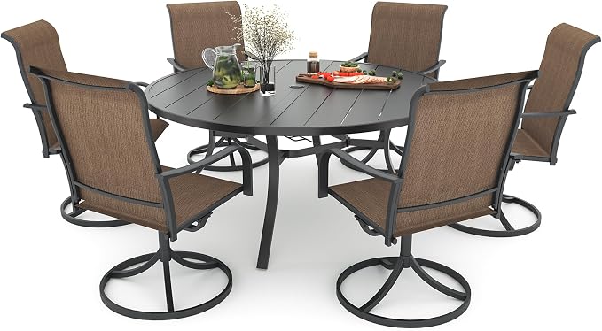 Patio Round Table Set 7 with 54" Round Table, BrownYellow Swivel Chair Sty2 | 6 Piece Swivel Chairs: High Back, Curved Armrest, Textilene Fabric, Rocking; 6-8 Person 54 inch Metal Round Table