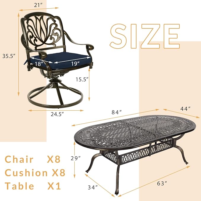 9-Piece Patio Dining Set, Outdoor Patio Table and Chair Set of 84” Oval Cast Aluminum Dining Table with Umbrella Hole, 8 Patio Dining Swivel Chairs Padded, Patio Funiture Set, Navy