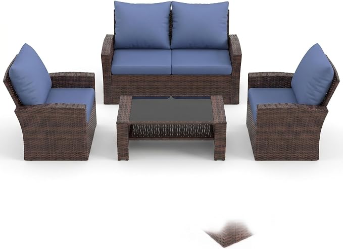 UDPATIO Patio Furniture Set, Outdoor Furniture Sets with Loveseats Sofa, Wicker Rattan Outdoor Conversation Set with Storage CoffeeTable for Backyard, Deck, Porch,Brown/Blue