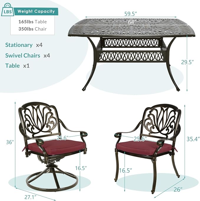 MEETWARM 9-Piece Outdoor Patio Dining Set for 8, All Weather Cast Aluminum Patio Funiture Table and Chairs Set- Large 64" Square Table and 4 Swivel Rocker Chairs, 4 Stationary, Umbrella Hole, Red