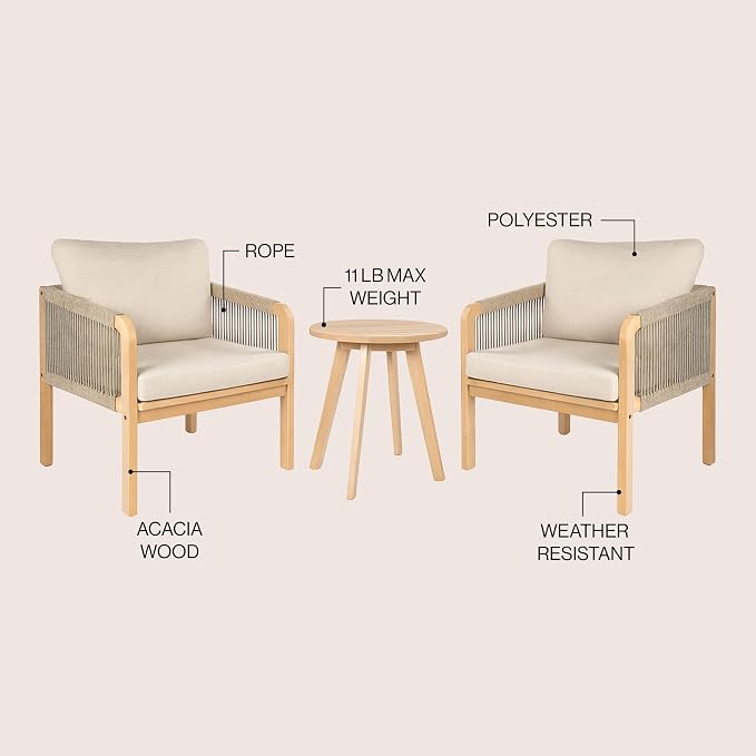 JONATHAN Y Aveiro Coastal 3-Piece Acacia Wood Outdoor Patio Conversation Set, Rope Woven Armchairs with Cushions and Round Side Table for Backyard, Porch, Garden, Light Teak/Beige LVG1204A-3SET