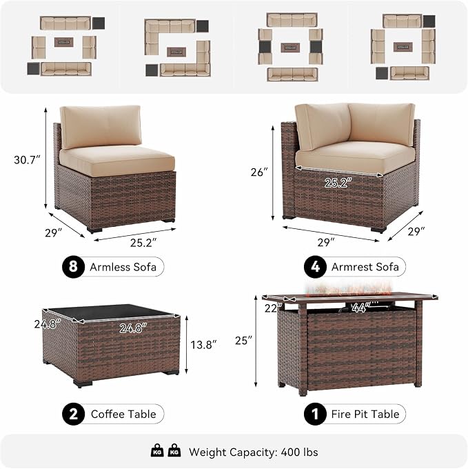 LazySunsets 15-Piece Patio Furniture Set with 44" Fire Pit Table, Wicker Outdoor Furniture, Patio Conversation Sets with Coffee Table, Outdoor Sectional Couch, Beige