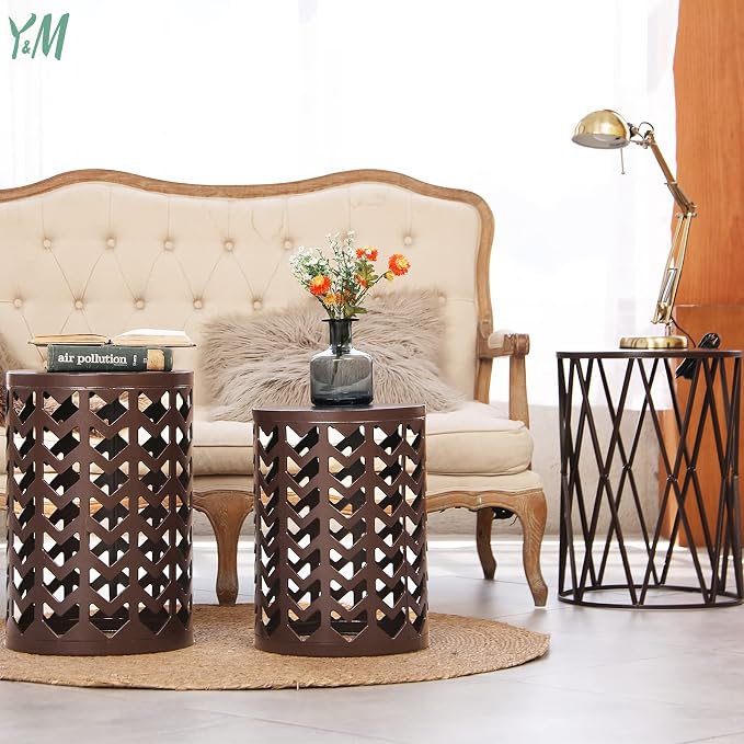 Y&M Nesting Side Table, Set of 3 Stacking Coffee Table for Living Room, Indoor End Tables, Outdoor Garden Stool with Heavy Duty Modern Industrial Decor - Pure Brown (Ship from US)
