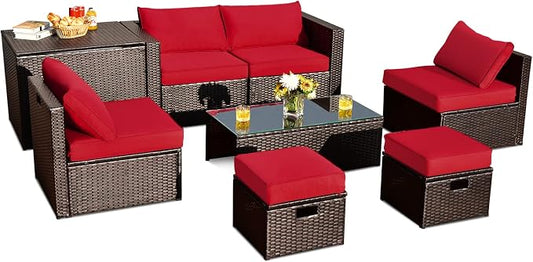 RELAX4LIFE 8-Piece Patio Furniture Set - PE Wicker Conversation Set w/Cushions, Pillows, Tempered Glass Table, Storage Box, Outdoor Sectional Sofa Set for Yard, Deck (Red)