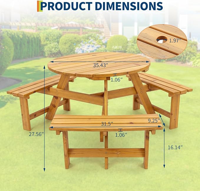 Garvee 6 Person Wooden Picnic Table, Outdoor Picnic Tables with 3 Built-in Benches, Circular Camping Dining Table and Chairs Set with Umbrella Hole for Garden, Patio, Backyard, Natural Wood