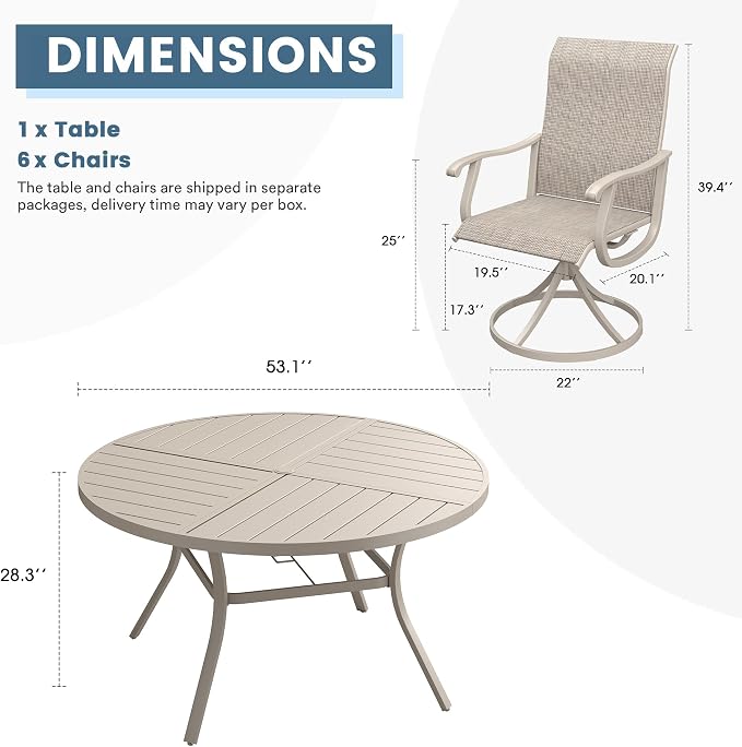 DIFY 7 Pieces Outdoor Patio Dining Set, 6 Sandshell Textilene Swivel Dining Chairs and 53.1" Sandshell Round Metal Dining Table, Outdoor Table and Chairs