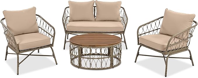 Merax 4 Piece Outdoor Patio Furniture Sets, Bohemia Style Small Wicker Patio Conversation Furniture Rattan Chair Set with Coffee Table Top for Backyard Porch Garden Poolside Balcony, Beige